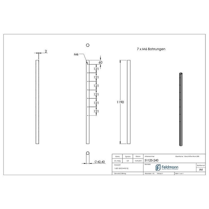 Stainless steel post made of 42.4 mm x 2.0 mm tube, AISI304