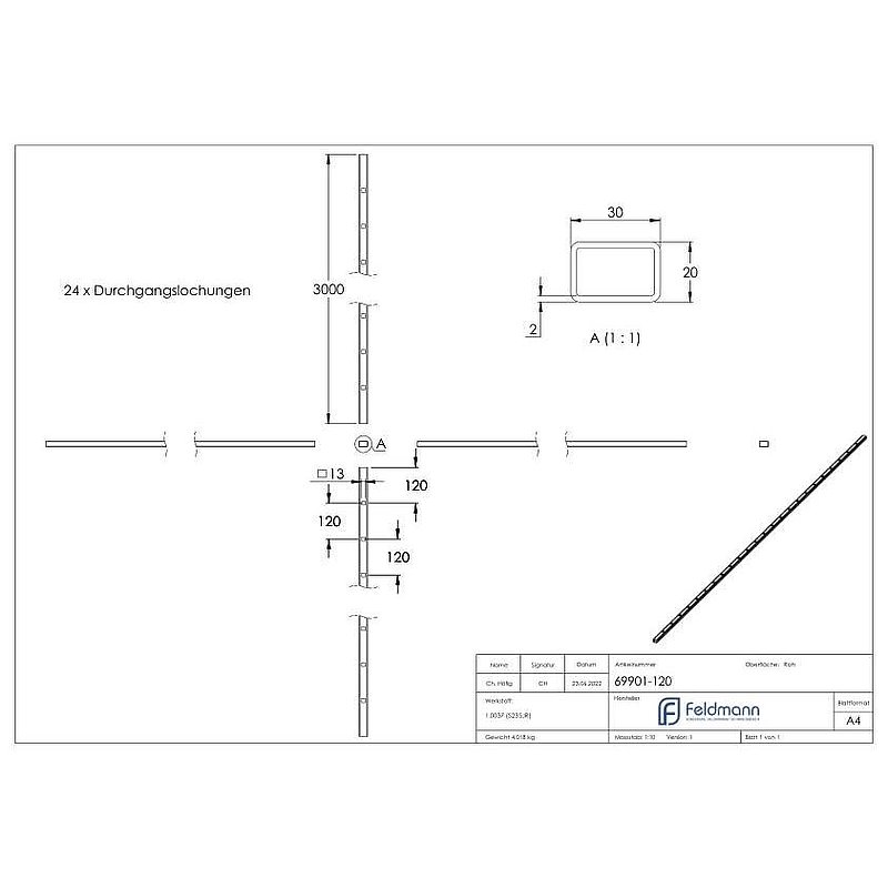 Rectangular tube 30x20x2mm, perforated f. square 12x12mm , dist. 120mm, L: 3000mm