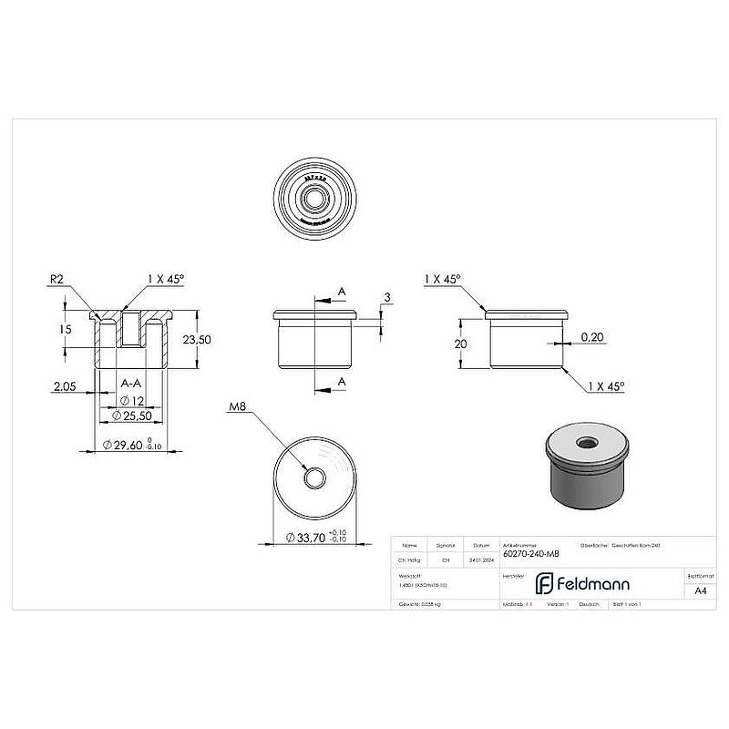 Rohrabschlussstopfen zum Kleben mit M8 für 33,7x2,0mm, V2A