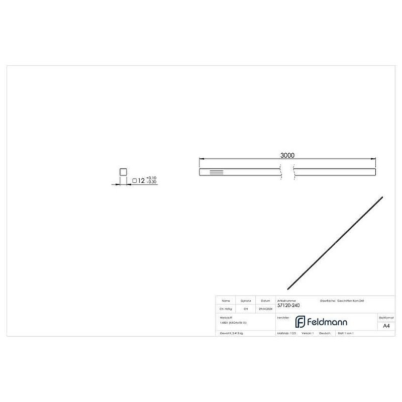 Vierkantmaterial 12x12mm, L: 3000mm, V2A