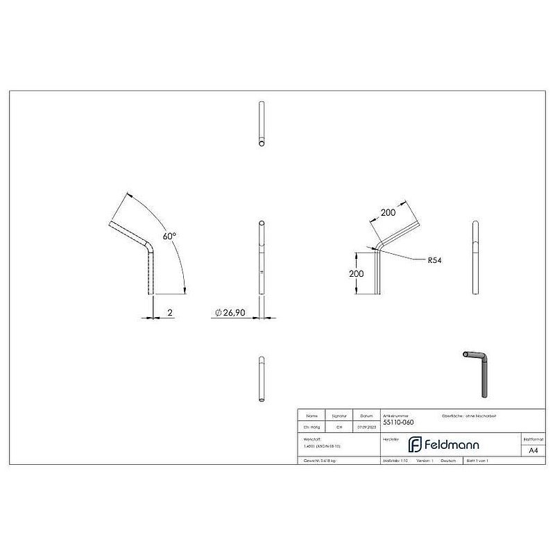 Tube bend 60°, made from 26.9x2.0 mm tube, AISI304