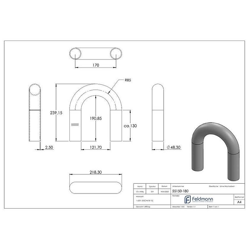 Tube bend 180°, made of 48.3x2.5mm tube, AISI304