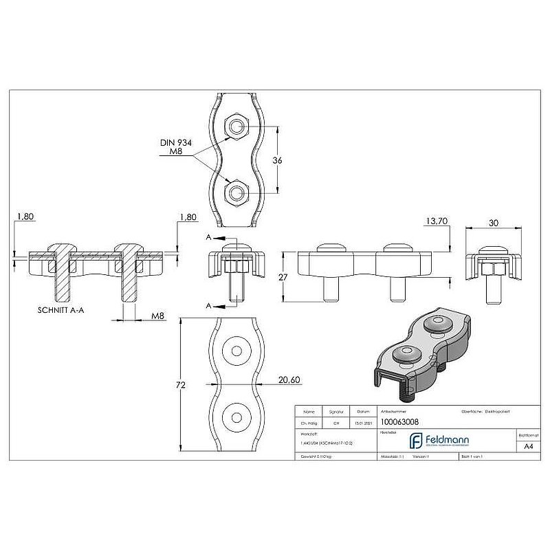 Duplexklemmen für Seil 8mm, V4A