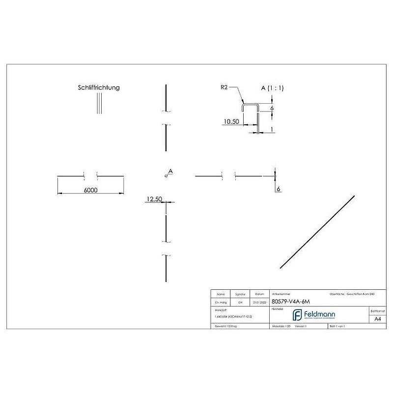 Kantenschutz EXTRA SLIM, für Glas 8,00 - 9,52mm, L: 6000mm, Edelstahl V4A