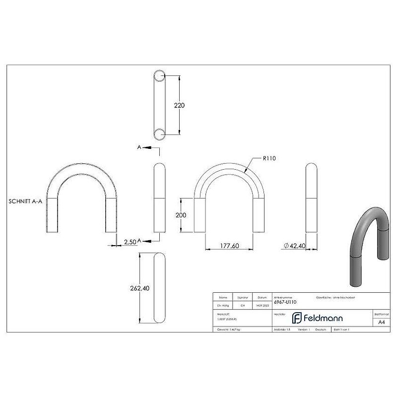 Stahl-Rohr-Bogen 180°, 42,4x2,5mm