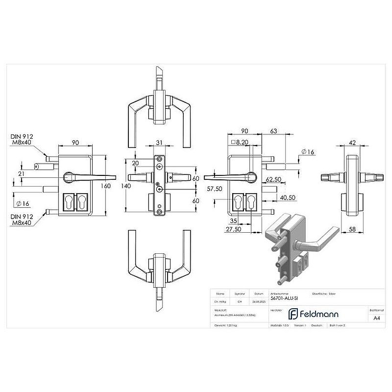 grille gate lock GTS 2 with double cylinder for tube thickness 40-60mm, silver housing