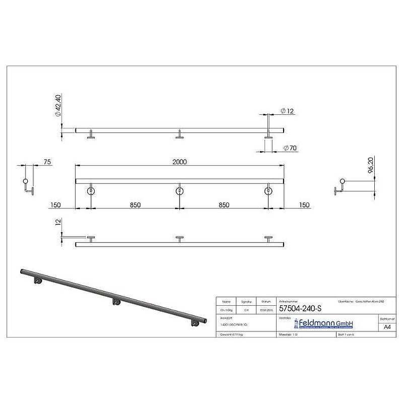 Handrail, ready to install, L: 2000mm, AISI304