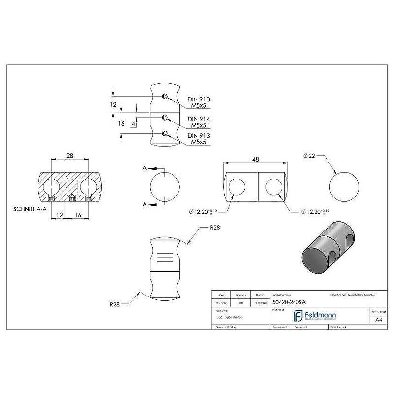 Double Cross bar holder with 12.2 and 12.2 mm bore, AISI304