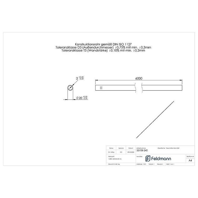 Stainless steel tube, 20,0x2,0mm, L: 6000mm, V2A