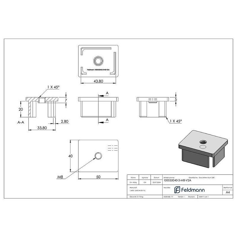 Einsteckkappe, für Rohr 50x40x3,0mm, V2A