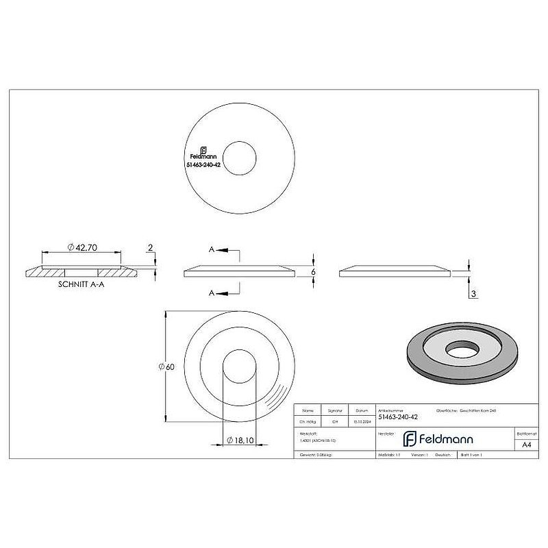adapter plate Ø 60mm for pipe 42,4 x 2,0-2,5mm, AISI304