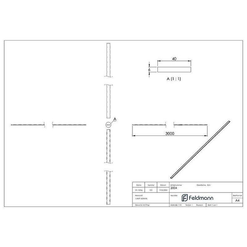 flat bar 40x6mm, hammered edges, length 3m