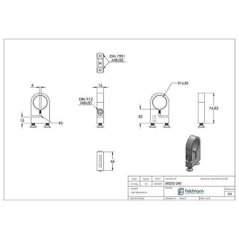 Clamping ring for tube 33.7 mm, AISI304