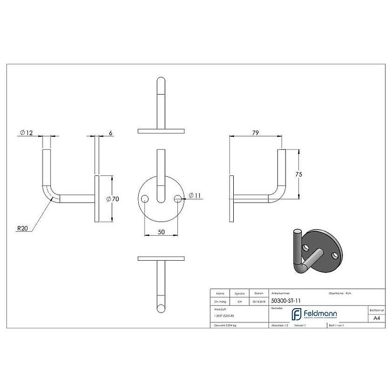 Handlaufträger mit Ronde flach, 70x6mm