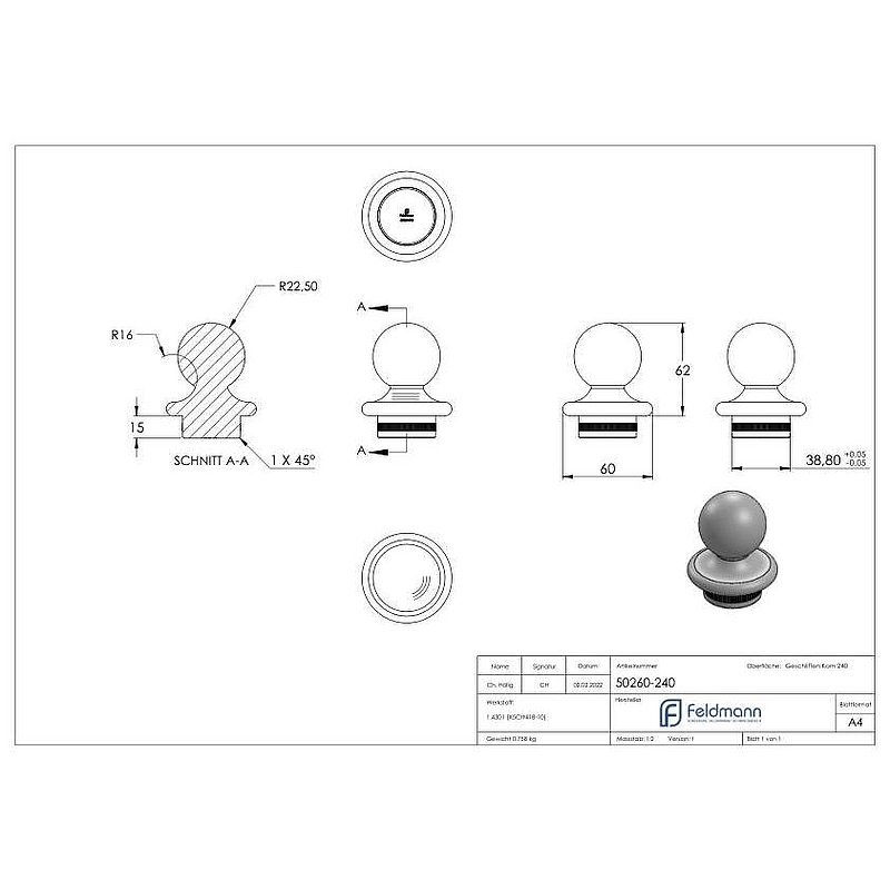 Ball tube knob, for tube 42.4x2.0mm, AISI304