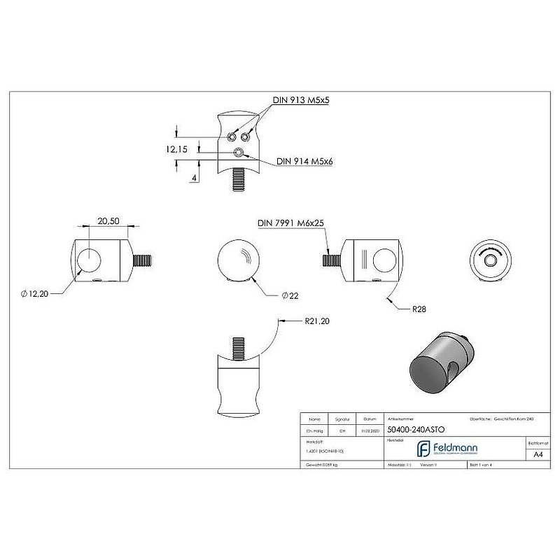 Cross bar holder for butt joint, for 42.4 mm tube, 12.2 mm bore, AISI304