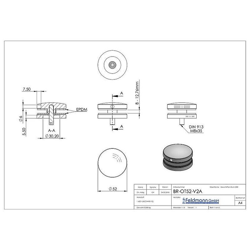 Glaspunkthalter Ø 52 mm, passend zu Brenk-Halter, V2A
