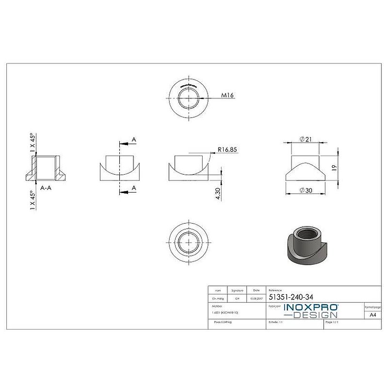 Gewindehülse, passend zu Torband 120-M16-VA, für Rohr 33,7mm, V2A