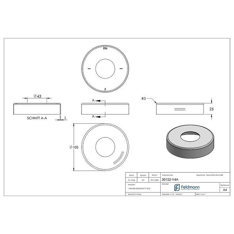 Abdeckrosette, 105x25mm, mit Bohrung 43mm, V4A