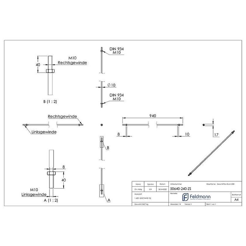 Connection rod for canopy system with L: 940mm, AISI304