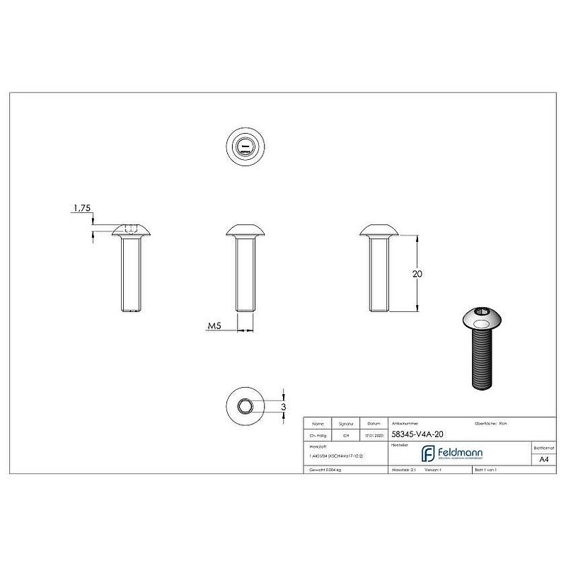 Round-head screw M5x20, AISI316, DIN 7380-1