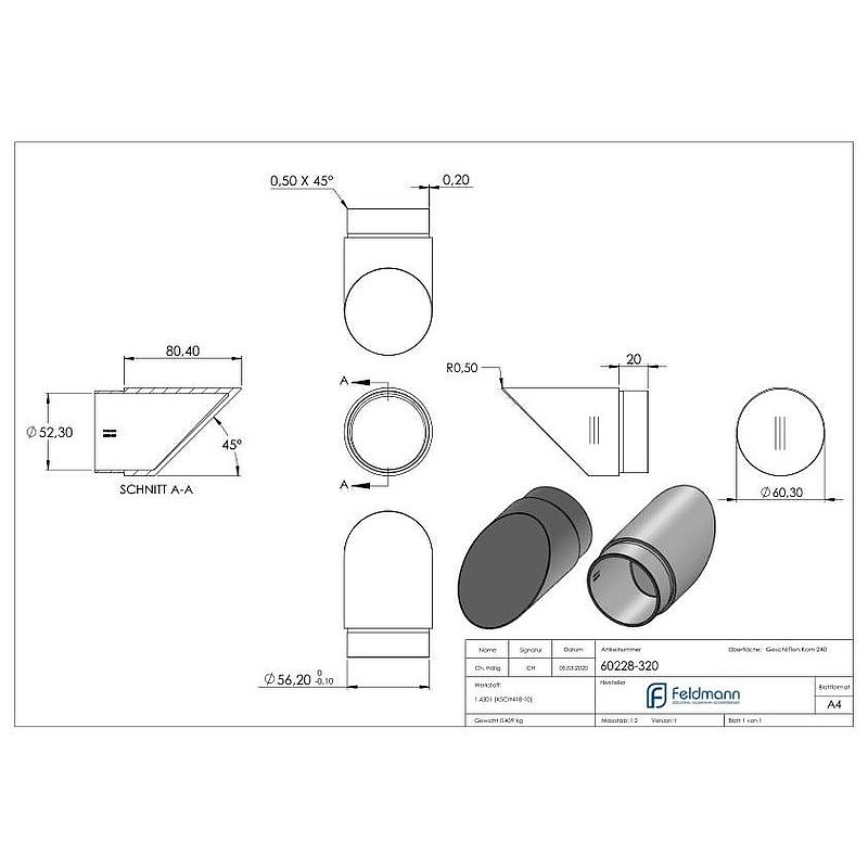 Endbogen 45°, für Rohr 60,3x2,0mm, V2A