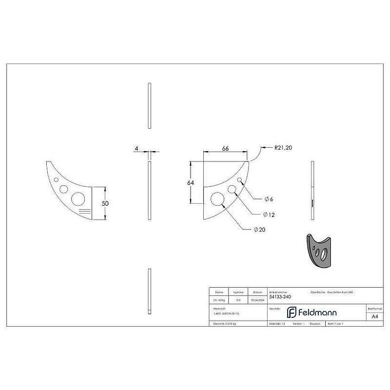Handlaufschwert, 4mm stark, V2A