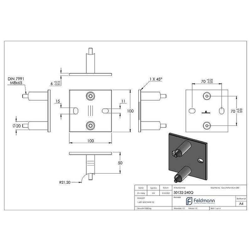 Wandbefestigung für Geländerpfosten 42,4mm, V2A