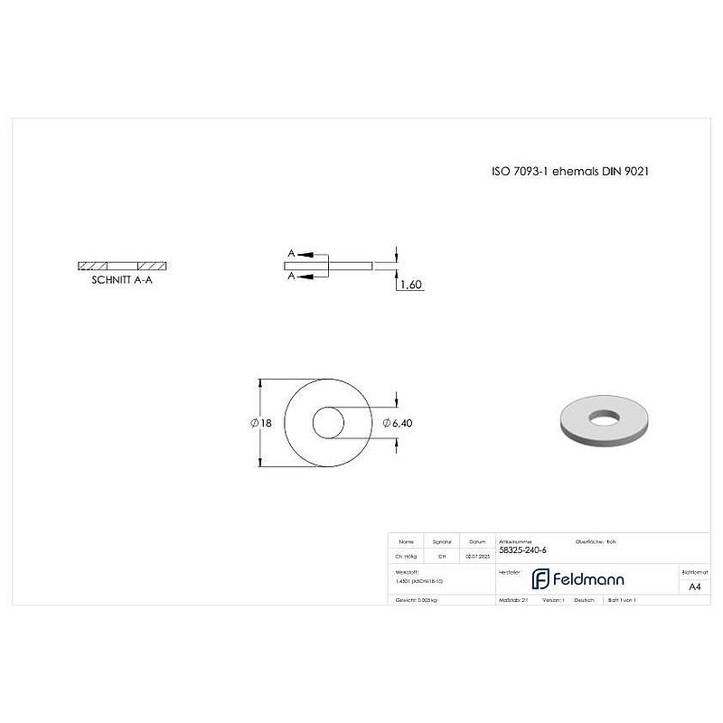 Large washer for M6 screws, ISO 7093-1, AISI304