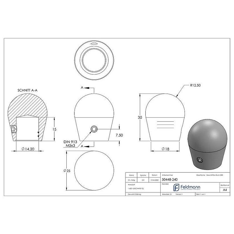 Endkappe für 14mm Rundmaterial, V2A
