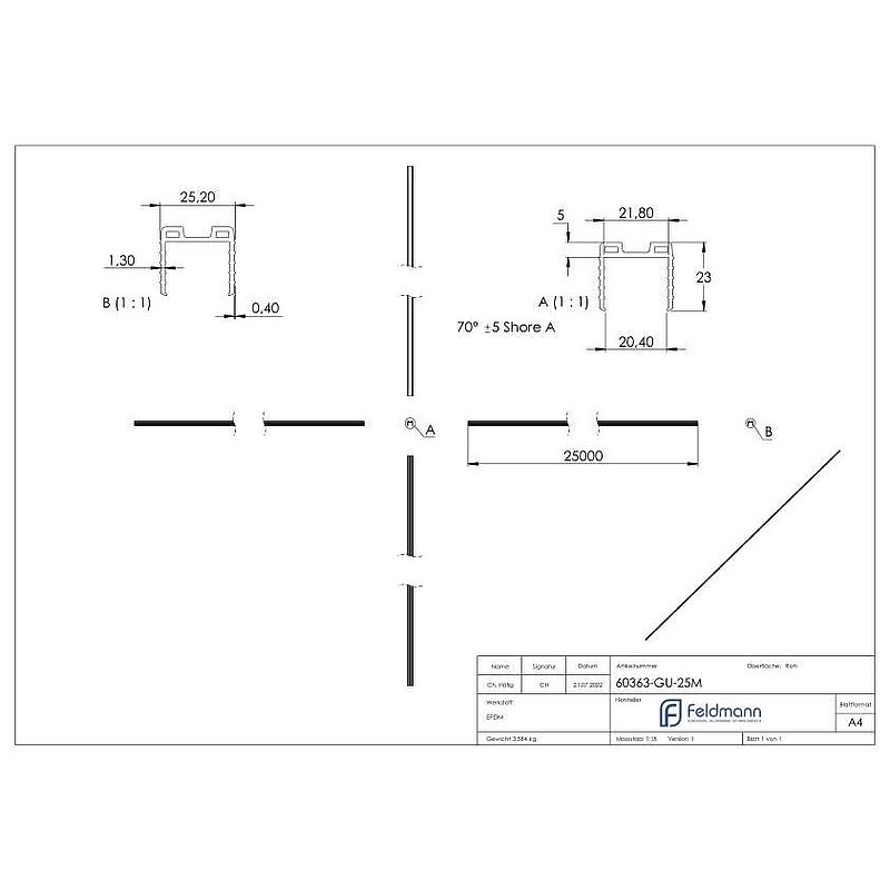 Cale caoutchouc pour verre 20,76 – 21,52mm, pour rainure 24x24mm, 25m, EPDM