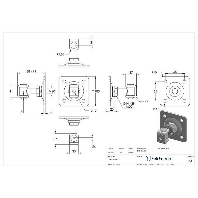 Paumelle de porte M20 avec plaque réglable, électro-zinguée