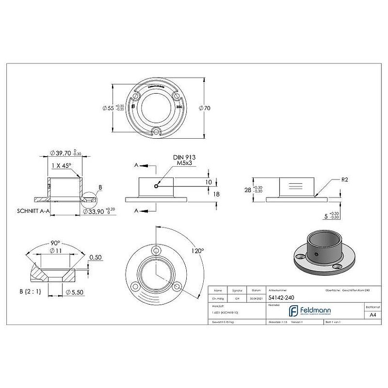 Wall and floor anchor, for tube 33.7 mm, AISI304