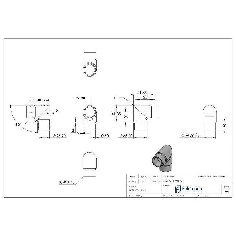 Eckstück 90° kurz, für Rohr 33,7 x 2,0mm, V2A