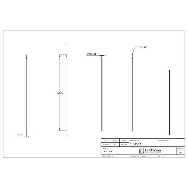 Fence bar 12x12mm, H: 1200mm, ball 16mm