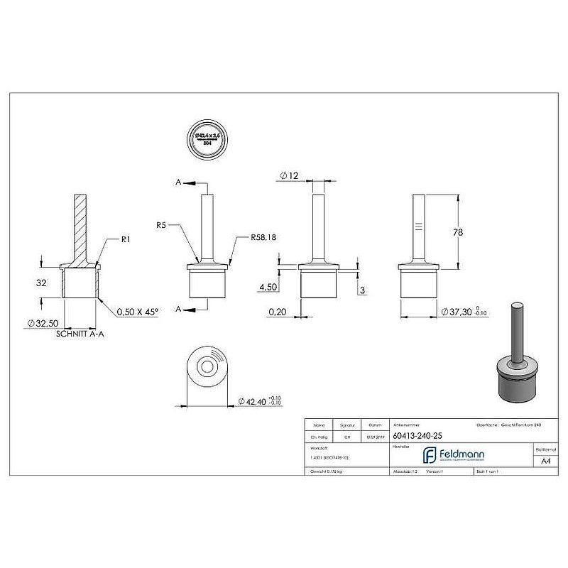 Rohrabschlussstopfen mit Stift Ø 12mm für Rohr 42,4x2,5mm, V2A