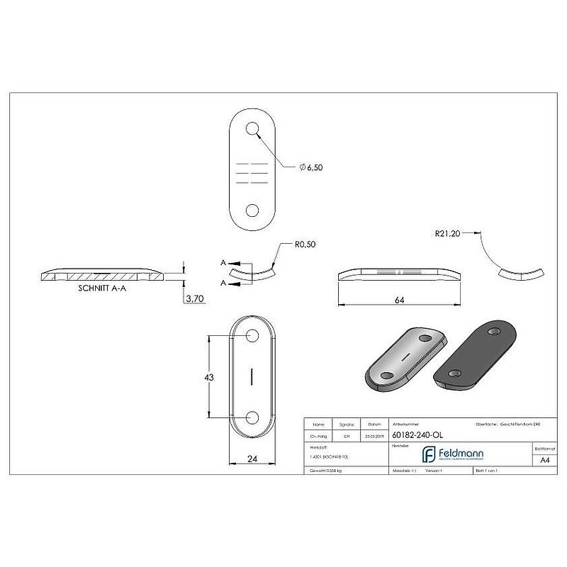 Handlaufanschlussplatte, 42,4mm, V2A
