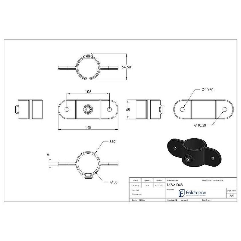 Holder with 2 brackets, 180°, for pipe Ø 48.3 mm