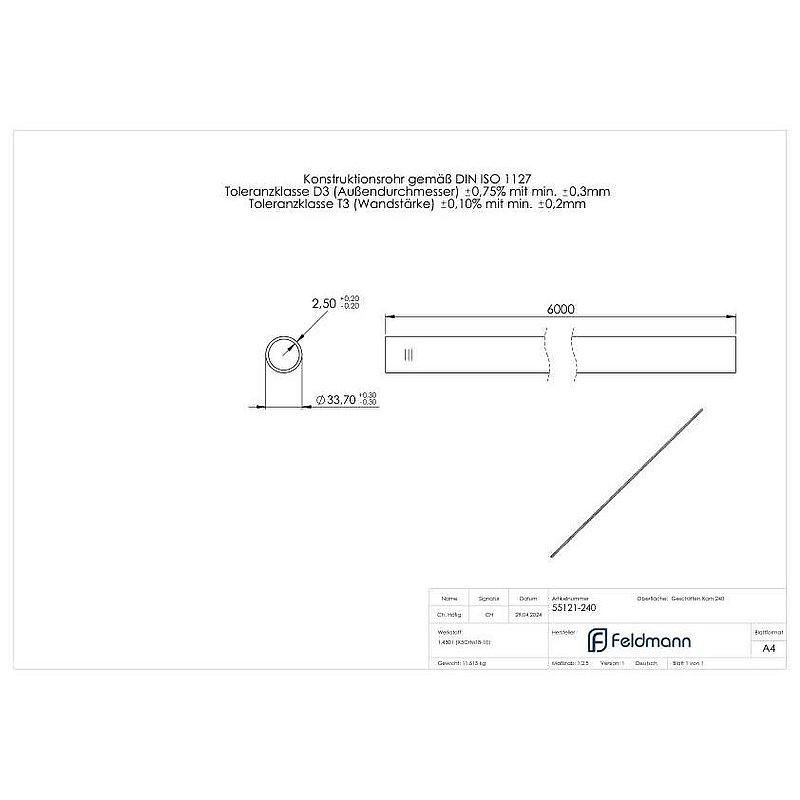 Edelstahlrohr, 33,7x2,5mm, L: 6000mm, V2A