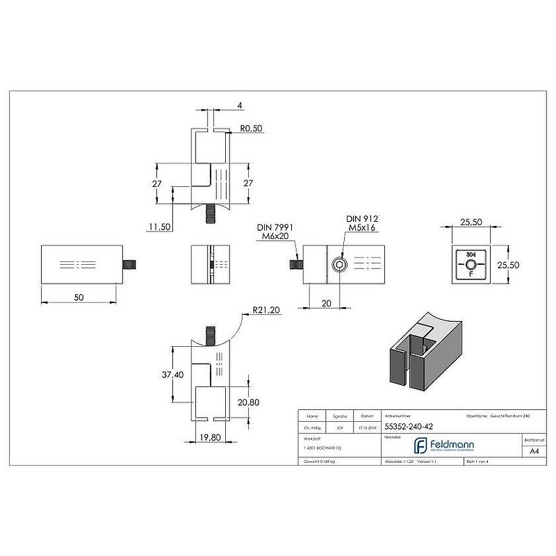 Holder for square clamping profile 20x20mm, connection: 42.4mm, AISI304