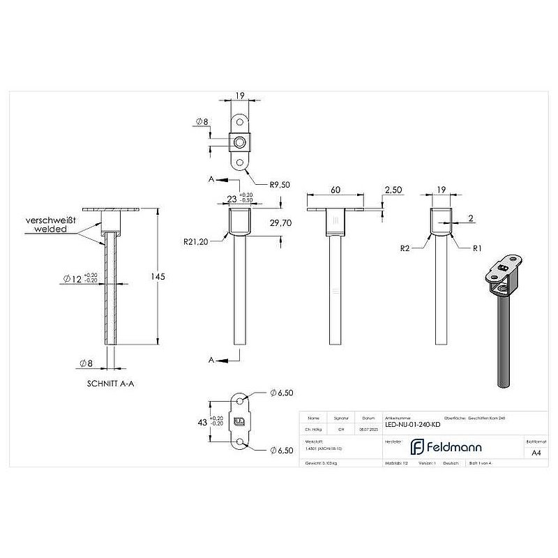 Goupille avec plaque de raccordement pour main courante LED, creuse, V2A