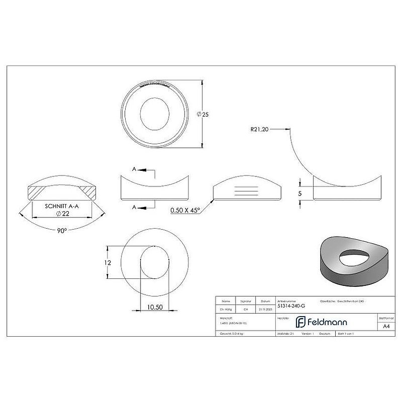 Ausgleichsstück (mit Senkung) für Rohr 42,4mm, Ø 25mm, V2A