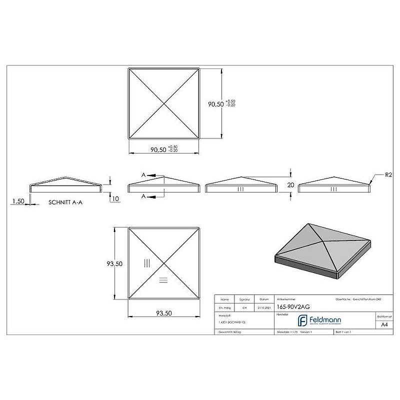 Pyramidenkappe, für Rohr 90x90mm, V2A