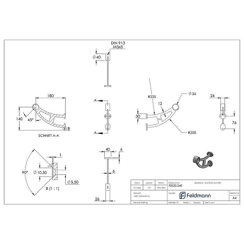 Support pour repose-pieds ou main courante, pour tube Ø 33,7mm, V2A