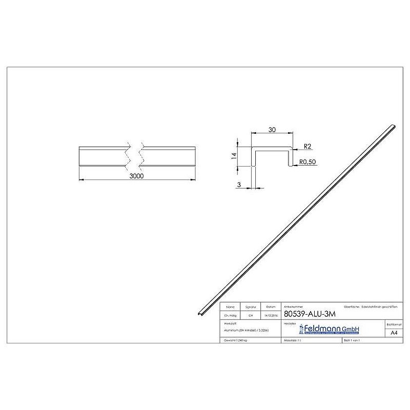 Aluminium U-profile, 30x14x3mm, L: 3000mm