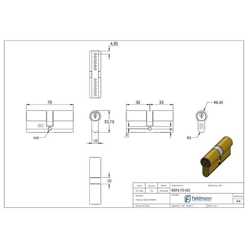 Profile cylinder, L: 70mm, keyed alike