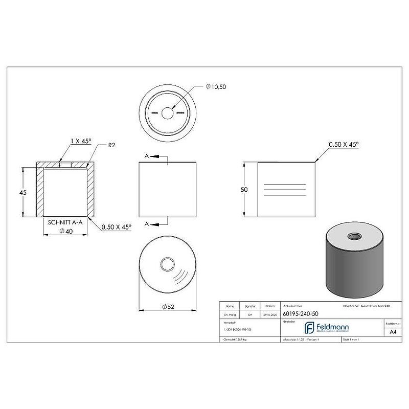 Unterteil Ø 52 mm, mit Durchgangsbohrung , t: 50mm, V2A