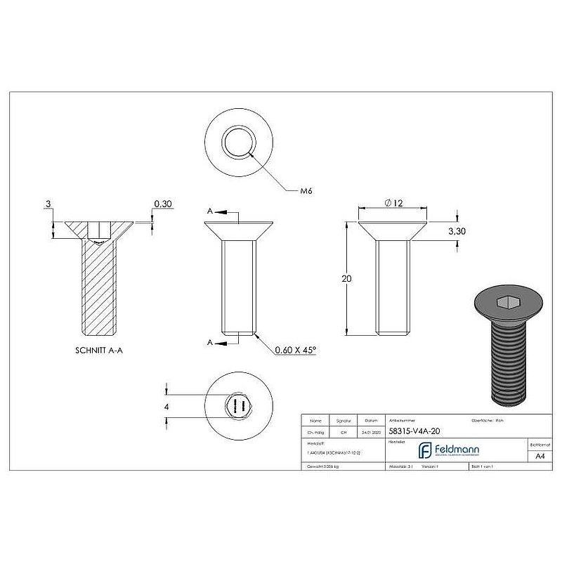 Countersunk head screw M6x20, AISI316, ISO 10642