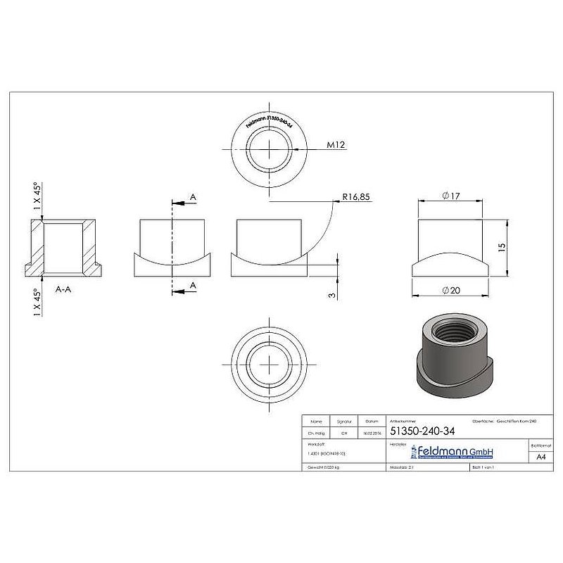 Gewindehülse, passend zu Torband 120-M12-VA, für Rohr 33,7mm, V2A