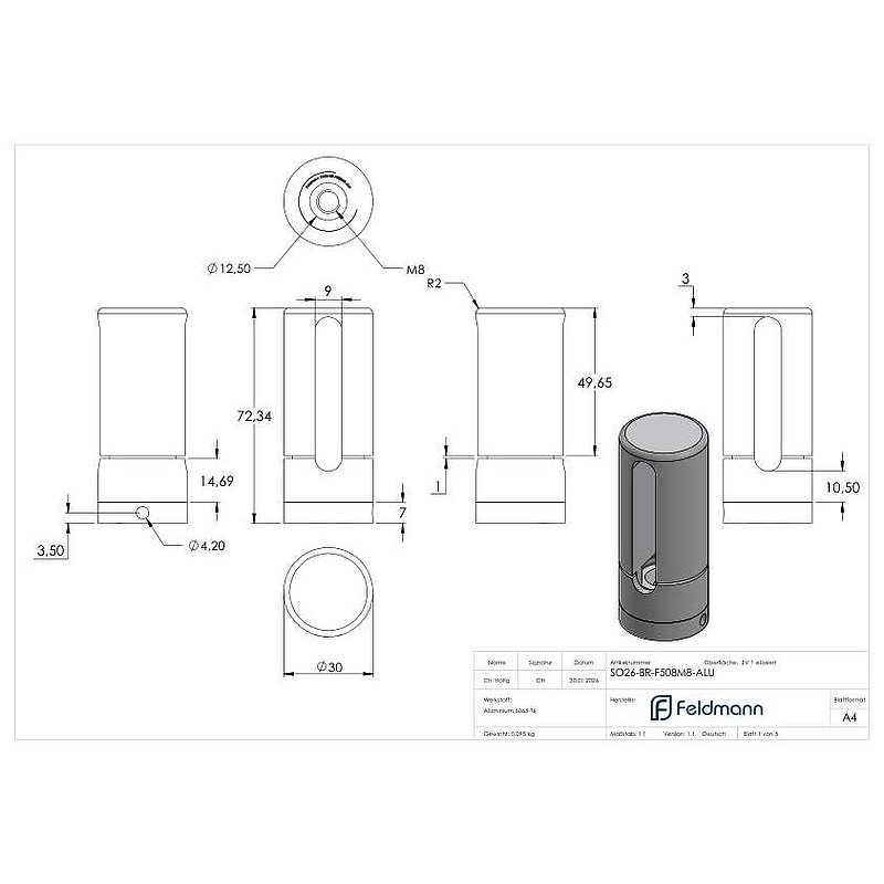 Brenk Grundhalter für Flachstäbe 50x8mm, ALU